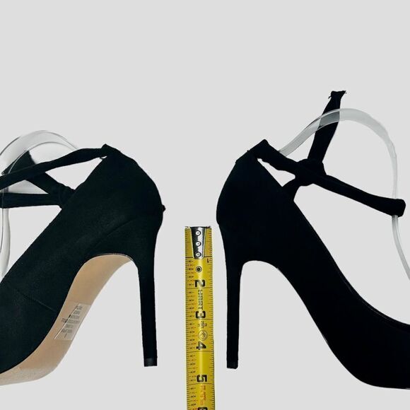 Express Black Fabric Faux Suede High Heels Ankle Strap Pointed Toe Stilettos - Picture 6 of 7
